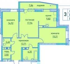 Планировка трехкомнатной квартиры жилого дома Ключевой 3-3В