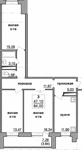 Планировка трехкомнатной квартиры Байкал