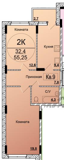 Планировка двухкомнатной квартиры ЖК Заречный квартал 4 в Ижевске