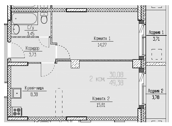 Планировка двухкомнатной квартиры в ЖК Красногорское