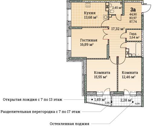 Планировка трехкомнатной квартиры ЖК Ключевой