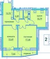 Планировка двухкомнатной квартиры жилого дома Ключевой 3-3В