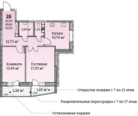 Планировка двухкомнатной квартиры ЖК Ключевой
