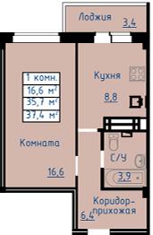 Планировка однокомнатной квартиры в ЖК Гармония №2